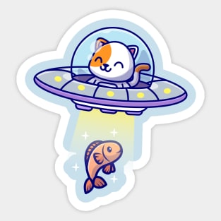 Cute Cat Catching Fish With Ufo Cartoon Sticker